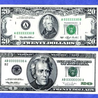 FANCY BINARY SERIAL # 03333330 number SET of two (2) Gem Uncirculated $20 notes